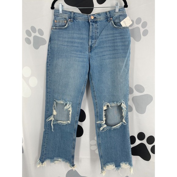Free People NWT Maggie Mid Rise Straight Leg Blue Denim Chewed Hem Jeans 28 New - Picture 3 of 11